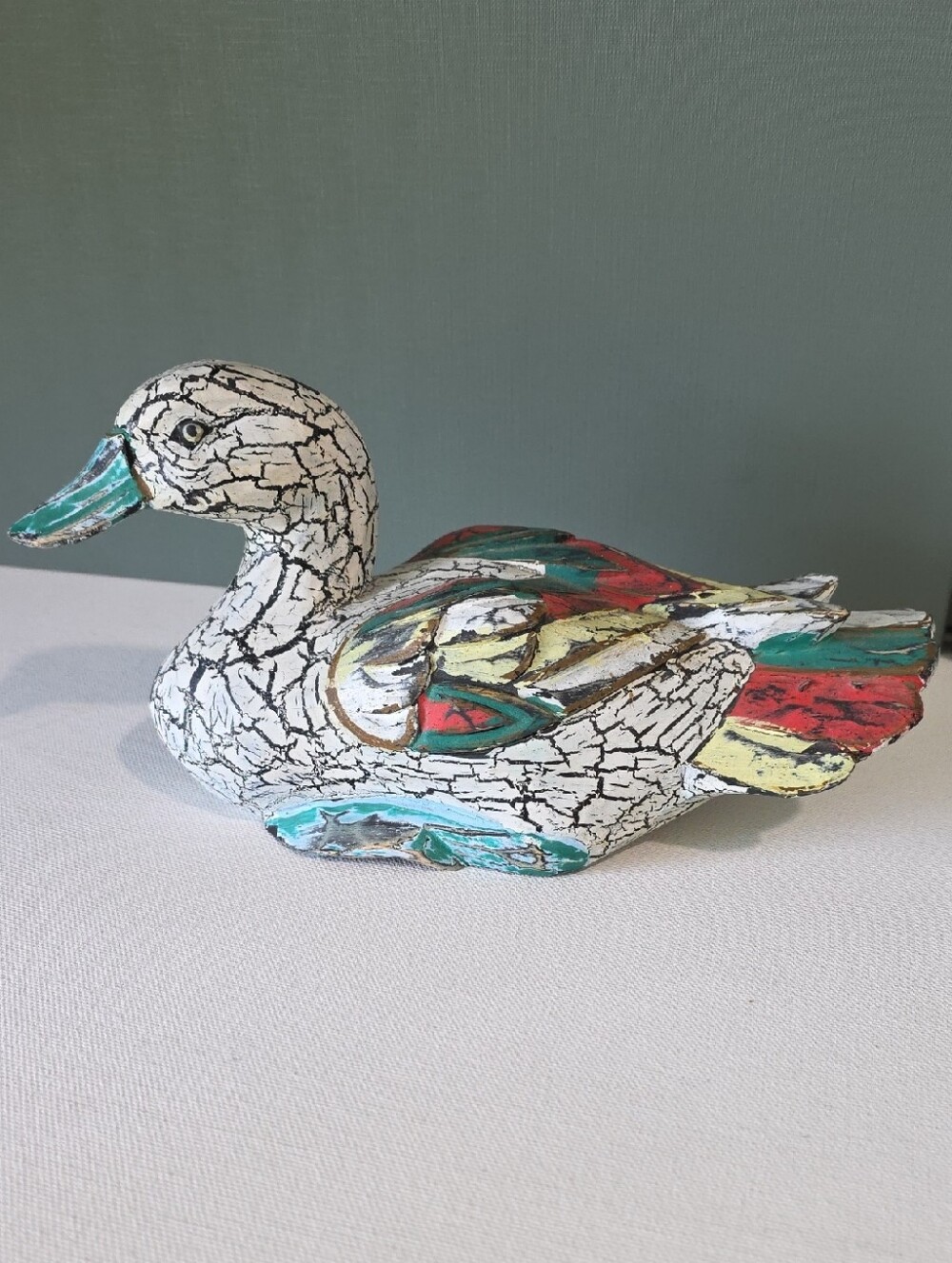 Hand-Painted Cracked Finish Decorative Duck Sculpture - White & Multicolor